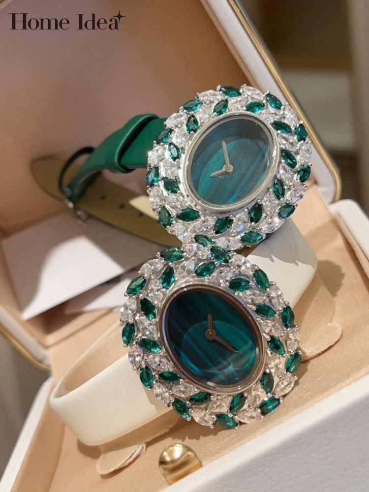 Jewelry Watches For Ladies - นาฬิกาควอตซ์ทรงวงรีประดับเพชรแวววาวสำหรับผู้หญิง ดีไซน์ใหม่ สายหนังแท้พร้อมหัวเข็มขัด เครื่องประดับหรูหราสำหรับงานปาร์ตี้