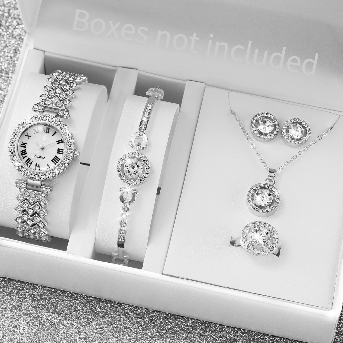 Jewelry Watches For Ladies - 6 ชิ้น/เซ็ตหรูหราไรน์สโตนนาฬิกาผู้หญิงสายสีเงินสุภาพสตรีโรม่าไดอัลควอตซ์นาฬิกาชุดเครื่องประดับ (ไม่มีกล่อง)