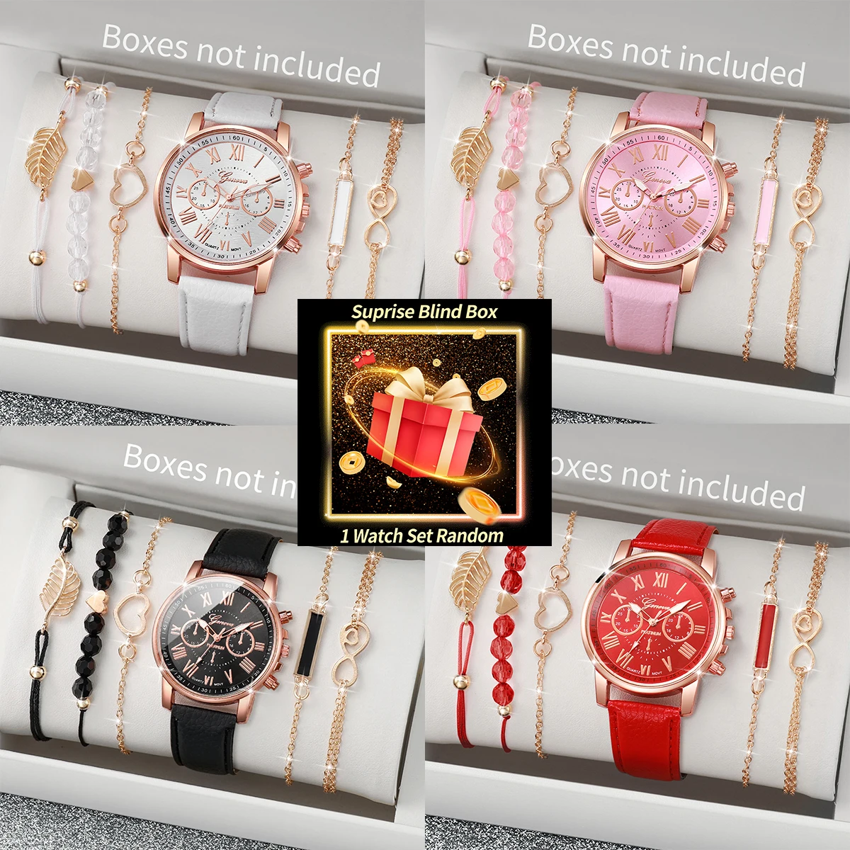 Jewelry Watches Box - ชุดนาฬิกาผู้หญิงแบบสุ่มในกล่องเซอร์ไพรส์ นาฬิกาควอตซ์เจนีวา + สร้อยข้อมือ 4 ชิ้น