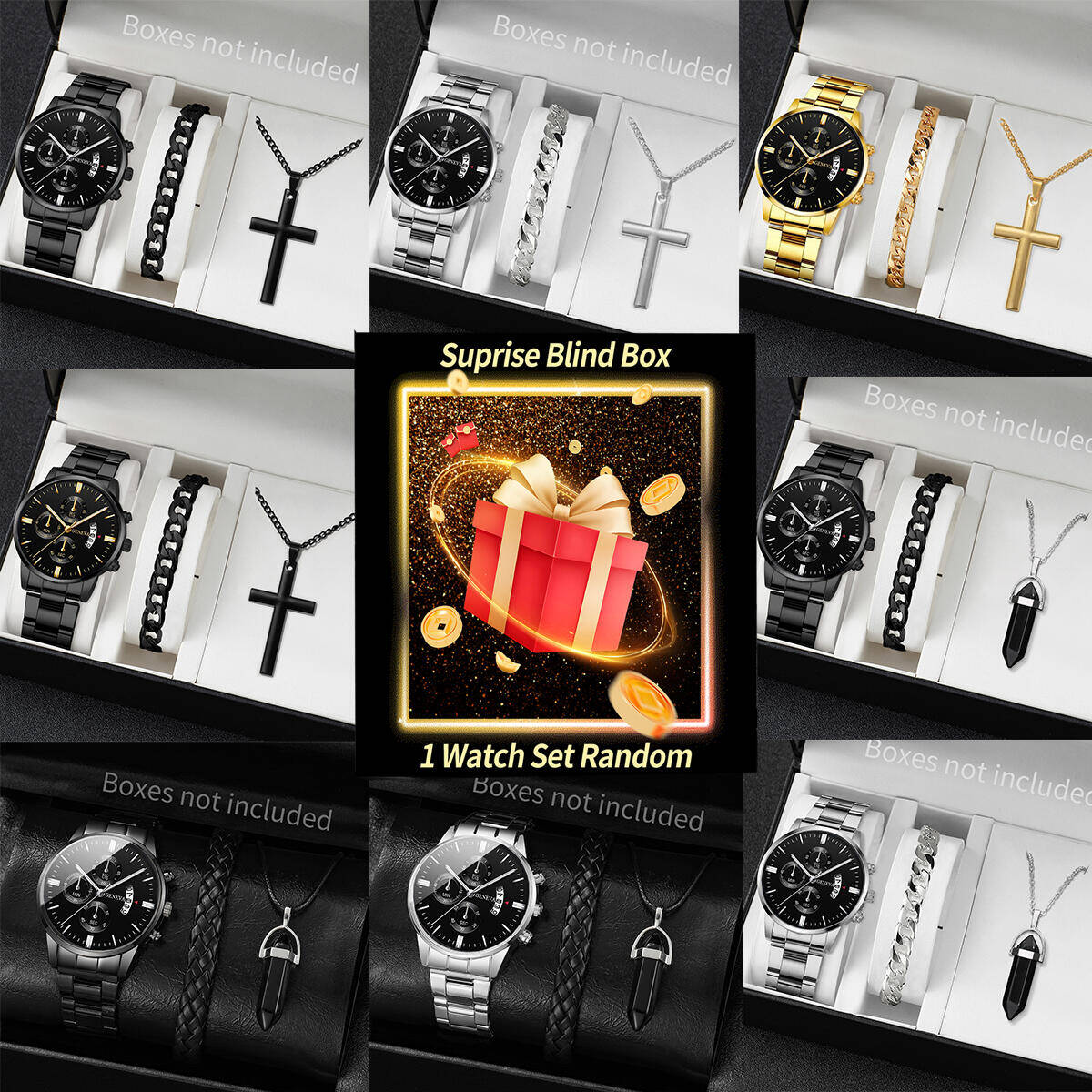 Jewelry Watches Box - นาฬิกาข้อมือเซอร์ไพรส์แบบสุ่ม-ชุด 3 ชิ้น/ชุด นาฬิกาควอตซ์แฟชั่นผู้ชายพร้อมปฏิทิน ชุดเครื่องประดับ Reloj